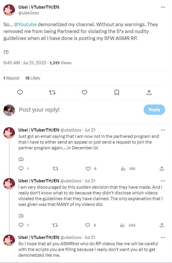 A screenshot of ubelloss's thread explaining that YouTube demonetized their channel.