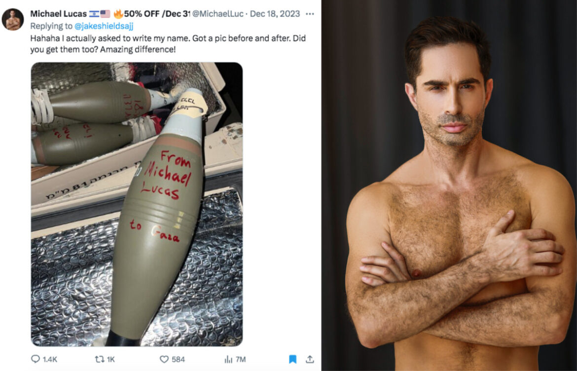 240101 A tweet by Michael Lucas which shows his signature on a missile headed for Gaza next to a picture of Michael Lucas, Israeli porn star.